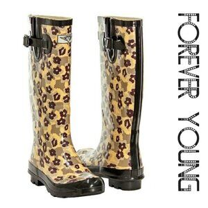 Women's Rainboots, Rubber Tall Rain Boots, RB-1403, Leopard, Size 5